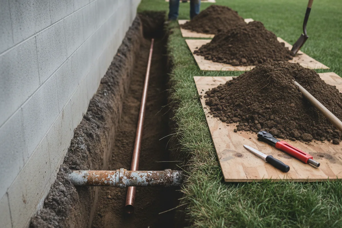 Excavated water line trench during Water Softener Installation in Antioch